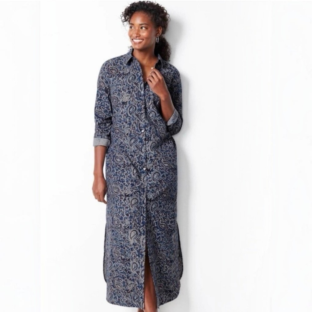 Pure Jill J Jill M Petite Paisley Maxi Shirt Dress Organic Cotton Boho Blue